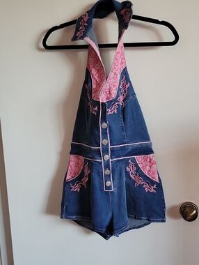 DOLLS KILL Pink & Navy Halter One-Piece Romper
